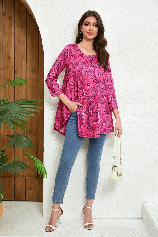 Women's Plus Size Hot Pink Paisley Tunic Top | 3/4 Sleeve Swing Flare Blouse