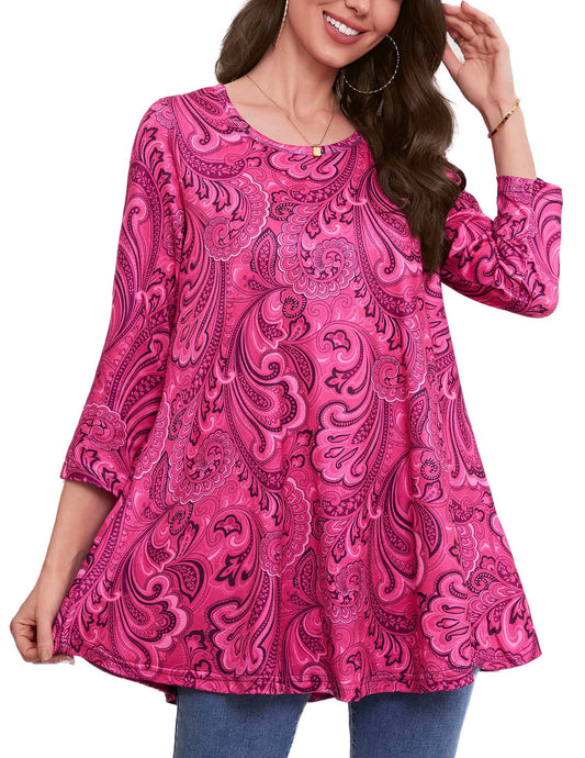 Women's Plus Size Hot Pink Paisley Tunic Top | 3/4 Sleeve Swing Flare Blouse