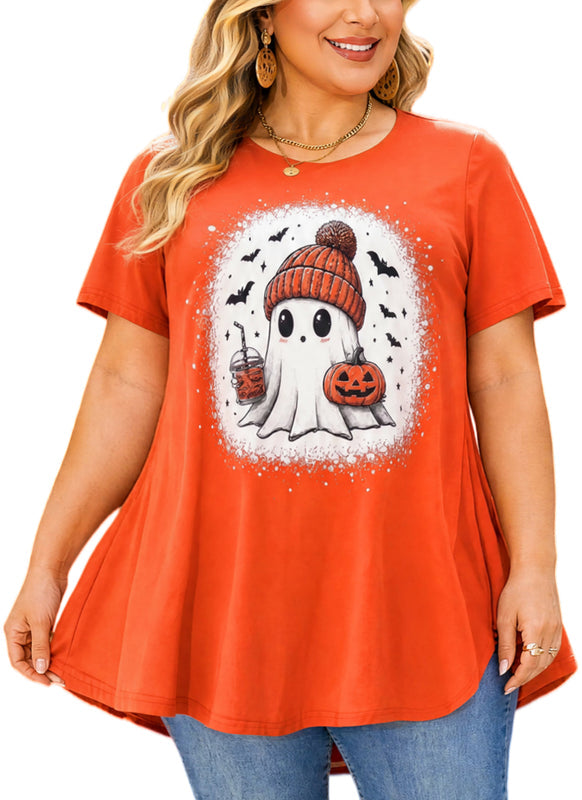 Women's Halloween Orange Tunic Top – Festive Print, Plus Size