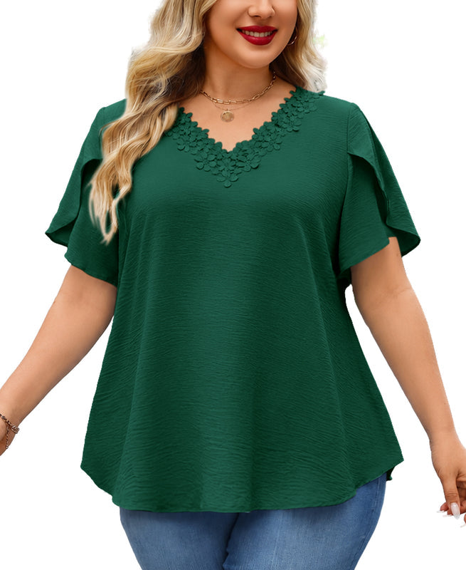 Plus Size Top V Neck Short Sleeve Blouses for Curvy Women Loose Fit Dressy Floral Trim Ladies Tunic