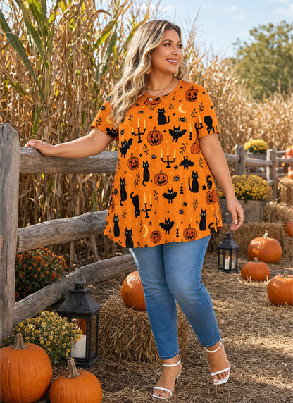 Women's Halloween Orange Swing Tunic Top – Short Sleeve, Plus Size