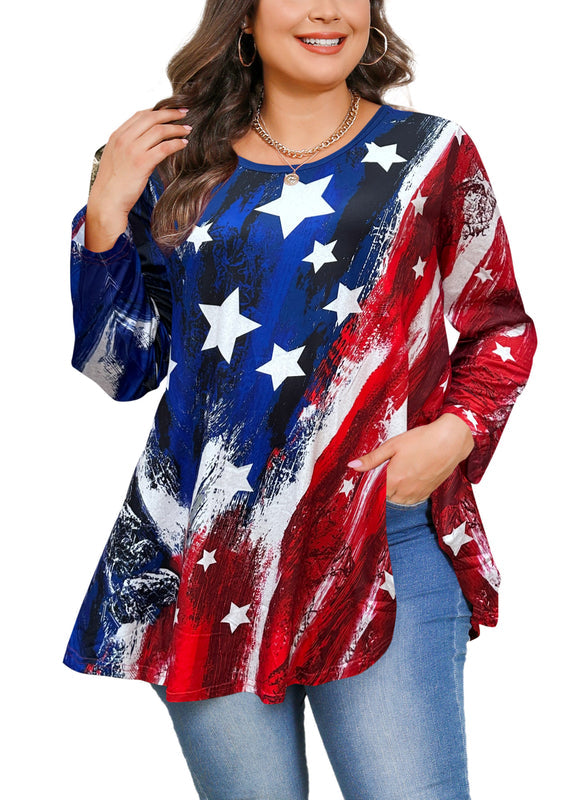 Women's Plus Size American Flag Tunic Top – 3/4 Sleeve Patriotic Swing Flare Blouse