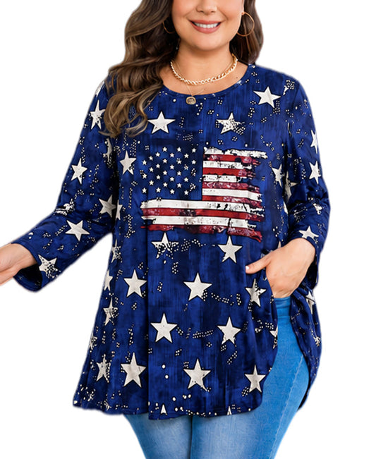 Women's Plus Size American Flag Patriotic Tunic Top – 3/4 Sleeve Stars & Stripes Blouse