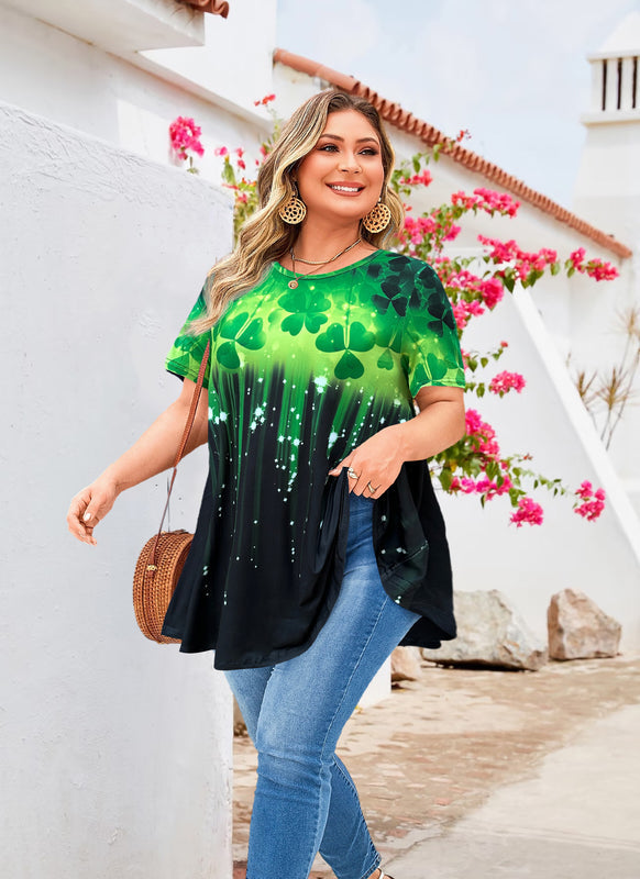 Women's Plus Size Green Leaf Print Tunic Top – Short Sleeve Swing Blouse