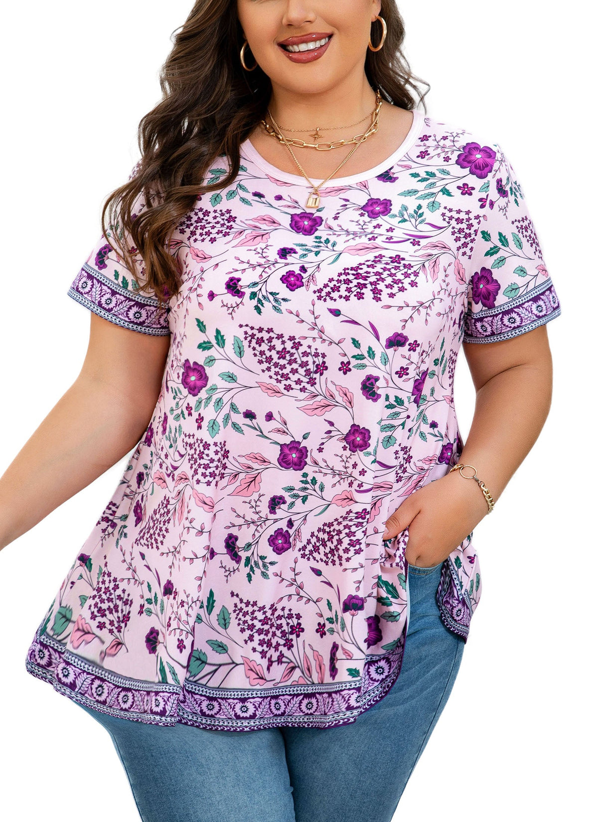 Women's Plus Size Purple Floral Tunic Top – Short Sleeve, Flowy Swing Blouse to Wear with Leggings