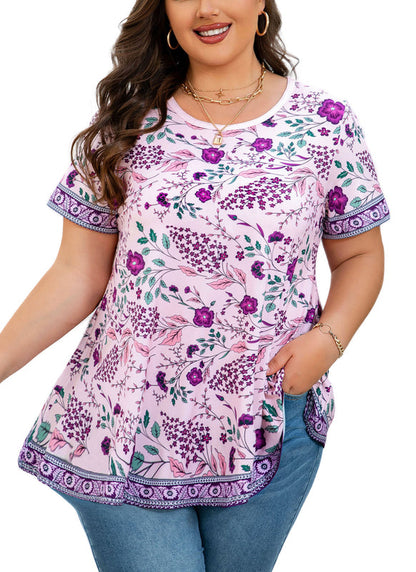 Women's Plus Size Purple Floral Tunic Top – Short Sleeve, Flowy Swing Blouse to Wear with Leggings