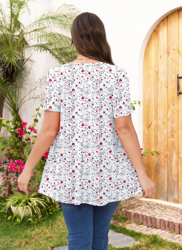 Women's Plus Size White Floral Tunic Top – Short Sleeve, Flowy Swing Blouse to Wear with Leggings
