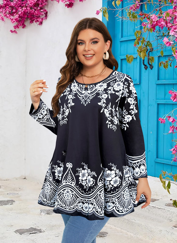 Women's Plus Size Tunic Top | Black & White Print Swing Flare Blouse for Leggings