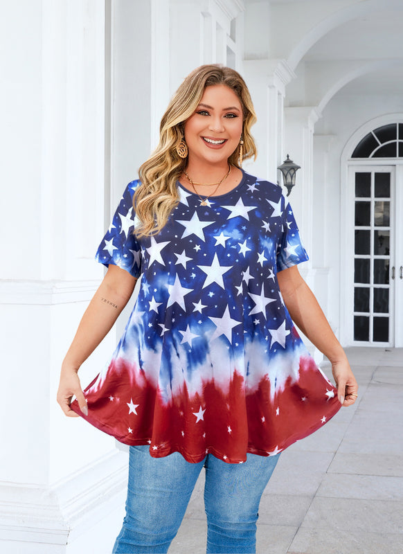 Women's Plus Size American Flag Tunic Top – Short Sleeve, Patriotic Swing Blouse to Wear with Leggings