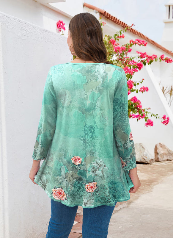 Women's Plus Size Tunic Top | 3/4 Sleeve Blue Floral Print Swing Flare Blouse