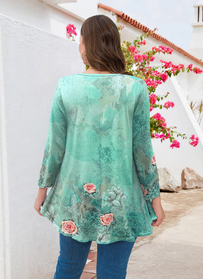 Women's Plus Size Tunic Top | 3/4 Sleeve Blue Floral Print Swing Flare Blouse