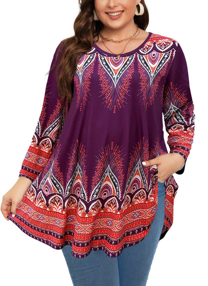 Women's Plus Size Orange & Purple Floral Tunic Top – 3/4 Sleeve Swing Flare Blouse