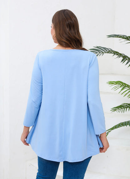 Women's Plus Size Tunic Top | 3/4 Sleeve Light Blue Swing Flare Blouse for Leggings