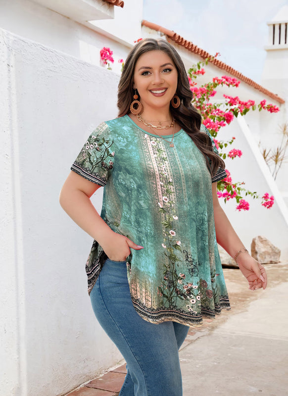 Women's Plus Size Floral Tunic Top – Short Sleeve, Flowy Swing Blouse to Wear with Leggings