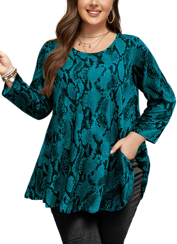 Women's Plus Size Teal Snakeskin Print Tunic Top – 3/4 Sleeve Swing Flare Blouse