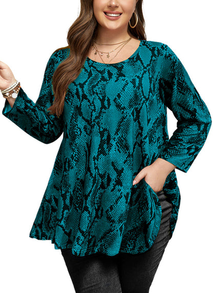 Women's Plus Size Teal Snakeskin Print Tunic Top – 3/4 Sleeve Swing Flare Blouse