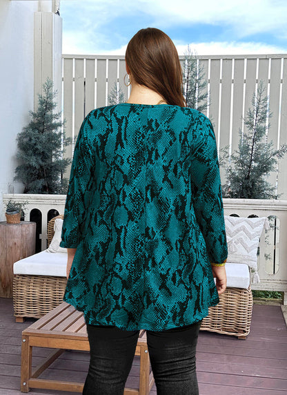 Women's Plus Size Teal Snakeskin Print Tunic Top – 3/4 Sleeve Swing Flare Blouse