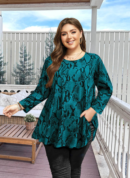 Women's Plus Size Teal Snakeskin Print Tunic Top – 3/4 Sleeve Swing Flare Blouse