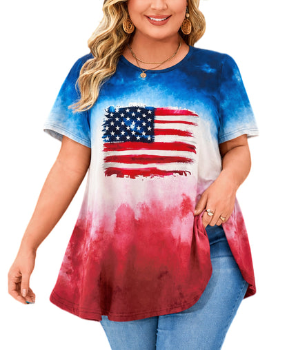 Women's Plus Size American Flag Tunic Top – Short Sleeve USA Patriotic Swing Blouse