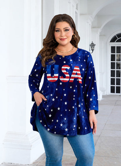 Women's Navy Blue & Red Plus Size Tunic Top – 3/4 Sleeve Swing Flowy Blouse