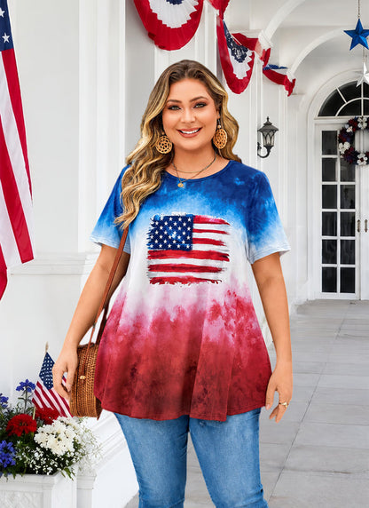 Women's Plus Size American Flag Tunic Top – Short Sleeve USA Patriotic Swing Blouse
