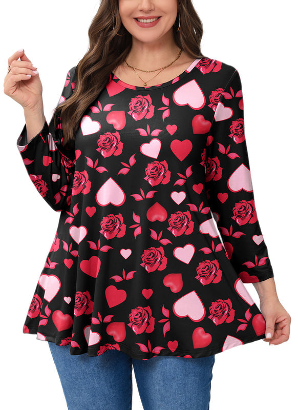 Valentine Rose & Heart Print Tunic Top – Women's Plus Size 3/4 Sleeve Swing Blouse (S–7XL)