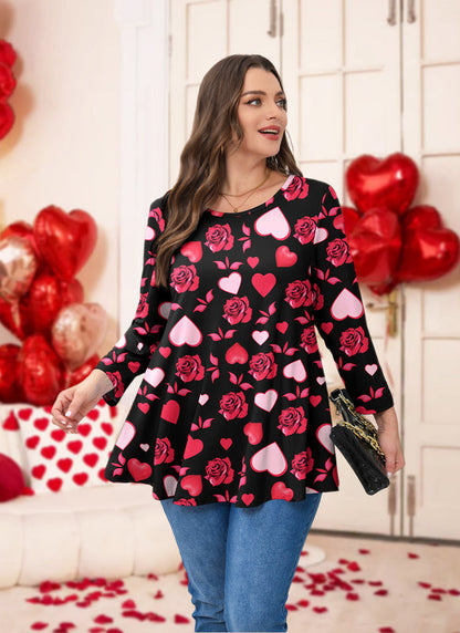 Valentine Rose & Heart Print Tunic Top – Women's Plus Size 3/4 Sleeve Swing Blouse (S–7XL)