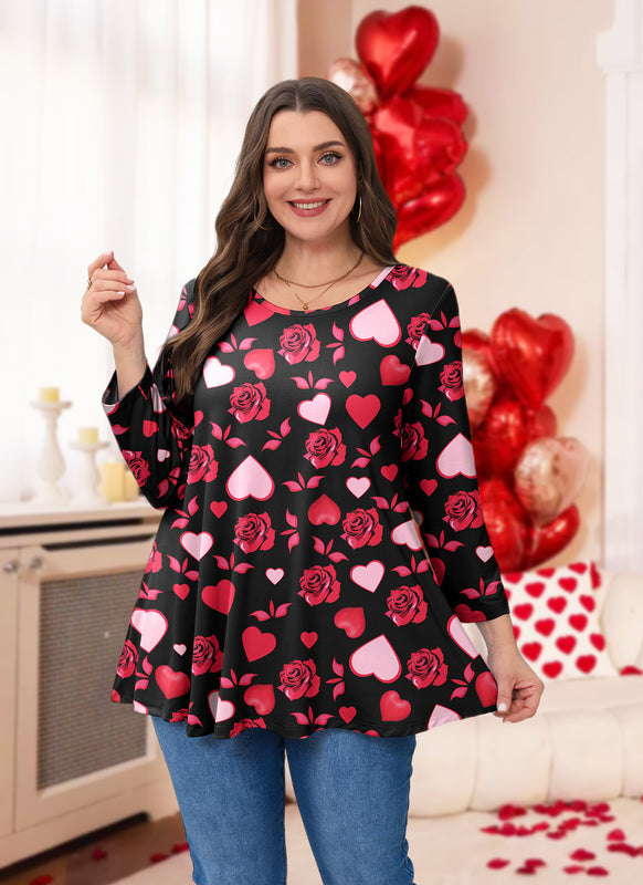 Valentine Rose & Heart Print Tunic Top – Women's Plus Size 3/4 Sleeve Swing Blouse (S–7XL)