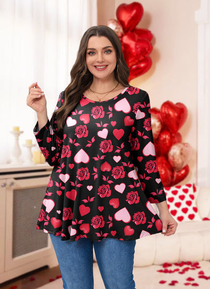 Valentine Rose & Heart Print Tunic Top – Women's Plus Size 3/4 Sleeve Swing Blouse (S–7XL)