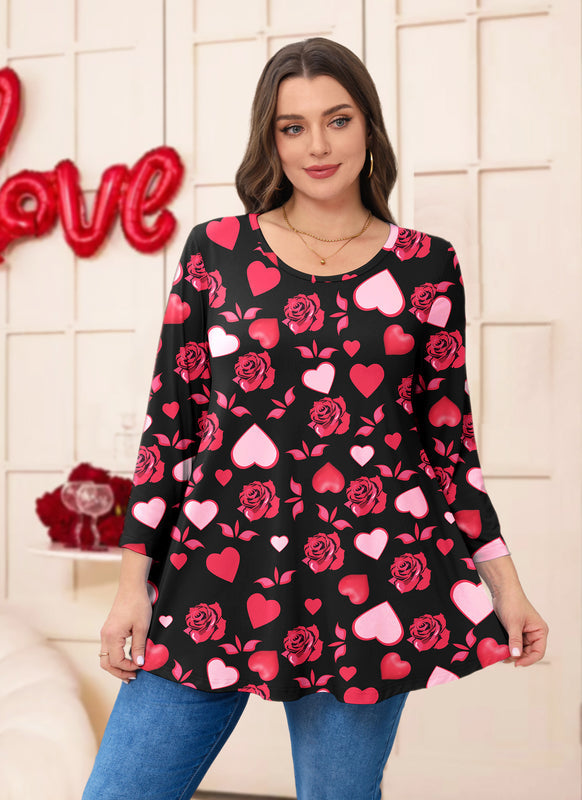 Valentine Rose & Heart Print Tunic Top – Women's Plus Size 3/4 Sleeve Swing Blouse (S–7XL)