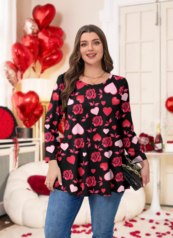 Valentine Rose & Heart Print Tunic Top – Women's Plus Size 3/4 Sleeve Swing Blouse (S–7XL)