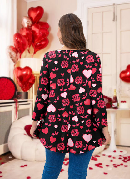 Valentine Rose & Heart Print Tunic Top – Women's Plus Size 3/4 Sleeve Swing Blouse (S–7XL)