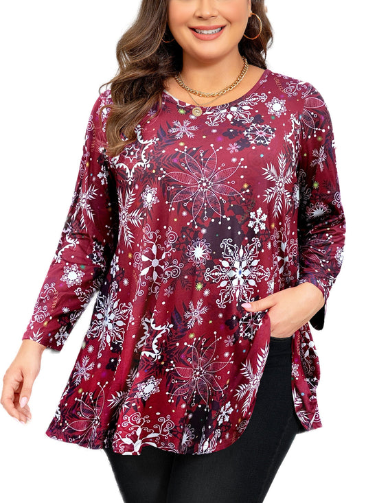 Christmas Snowflake Print Tunic Top – Women's Plus Size Long Sleeve Swing Blouse  in Burgundy (S–7XL)
