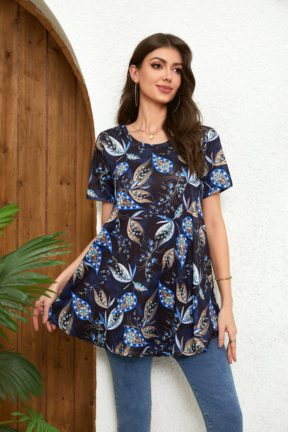 Navy Blue Paisley Leaf Print Tunic Top – Women's Plus Size Short Sleeve Swing Blouse to Wear with Leggings (S–7XL)