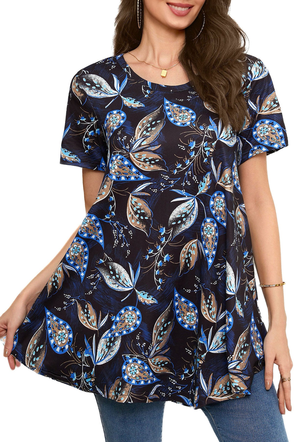Navy Blue Paisley Leaf Print Tunic Top – Women's Plus Size Short Sleeve Swing Blouse to Wear with Leggings (S–7XL)