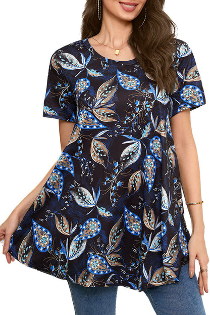 Navy Blue Paisley Leaf Print Tunic Top – Women's Plus Size Short Sleeve Swing Blouse to Wear with Leggings (S–7XL)