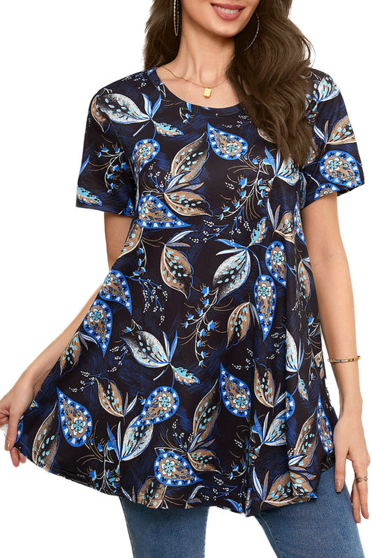 Navy Blue Paisley Leaf Print Tunic Top – Women's Plus Size Short Sleeve Swing Blouse to Wear with Leggings (S–7XL)