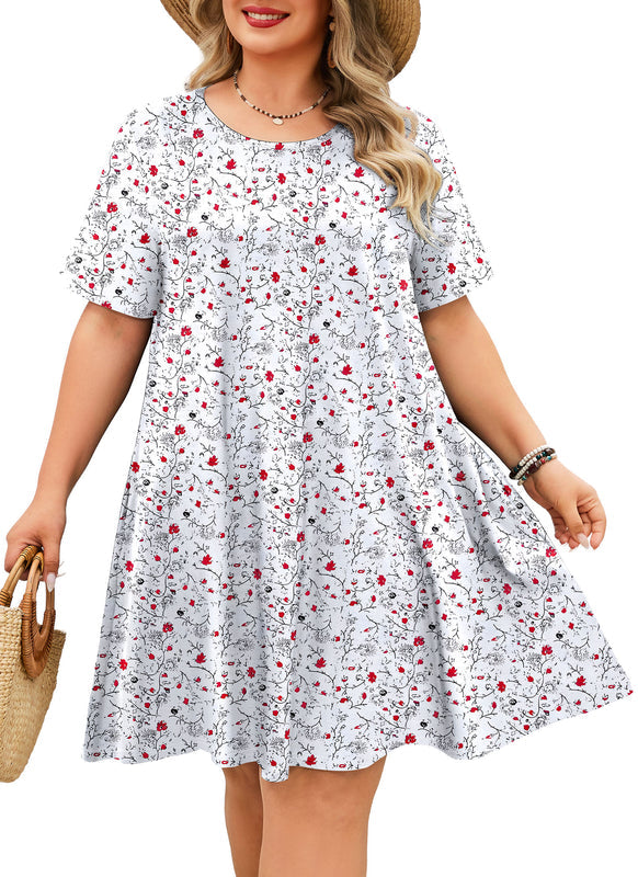 Women's Plus Size White Ditsy Floral T-Shirt Dress | Short Sleeve