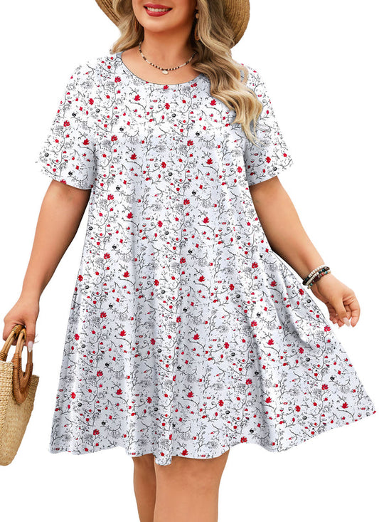 Women's Plus Size White Ditsy Floral T-Shirt Dress | Short Sleeve