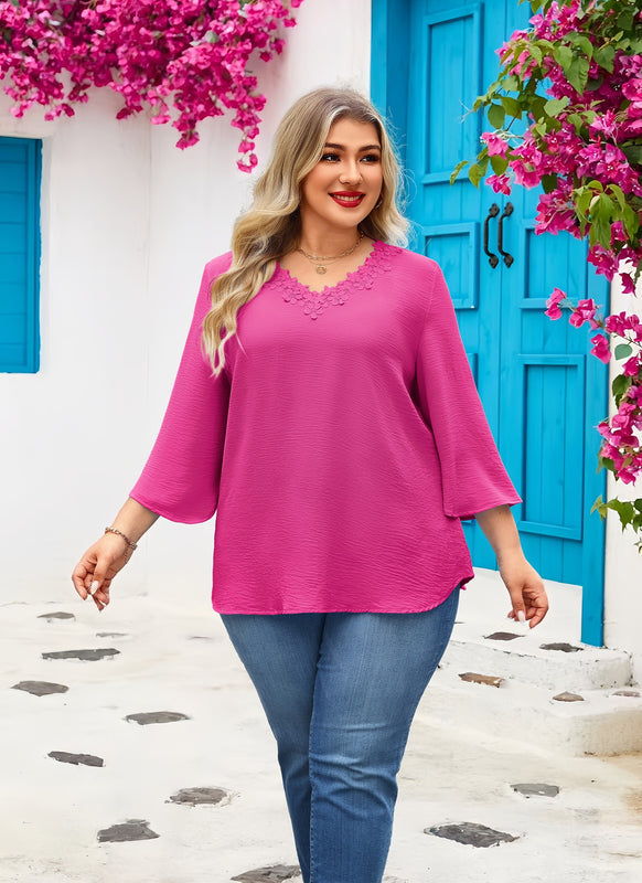 Women's Plus Size Hot Pink Floral Trim V-Neck Blouse | 3/4 Sleeve Tunic Top