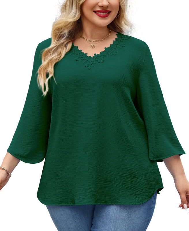 Women's Plus Size Floral Trim Tunic Top | 3/4 Sleeve V-Neck Blouse – Green