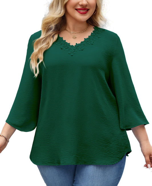 Women's Plus Size Floral Trim Tunic Top | 3/4 Sleeve V-Neck Blouse – Green