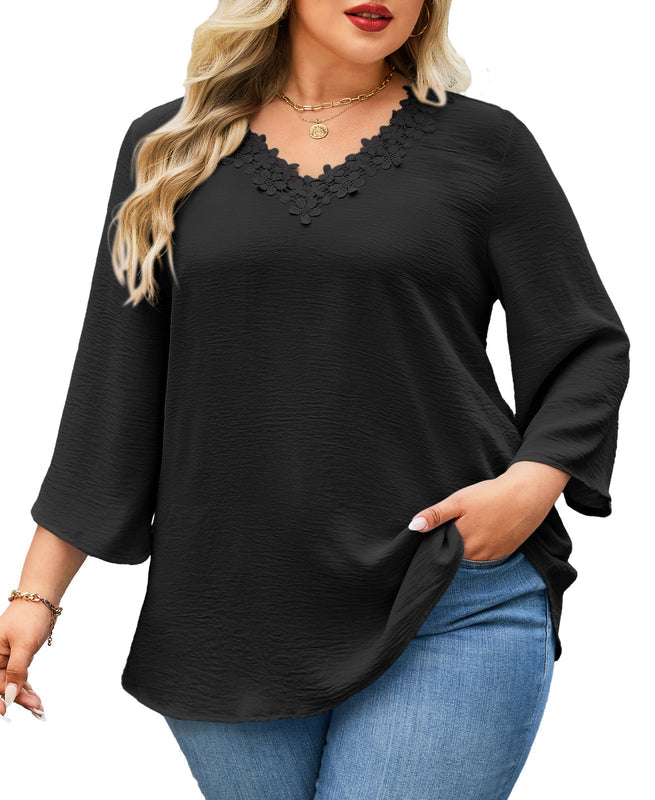 Women's Plus Size Floral Trim Tunic Top | 3/4 Sleeve V-Neck Blouse – Black