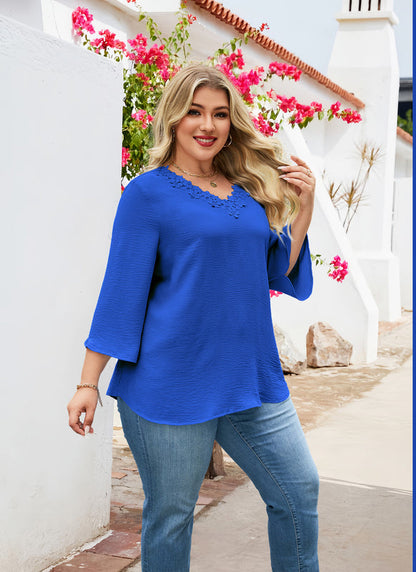 Women's Plus Size Royal Blue Floral Trim V-Neck Blouse | 3/4 Sleeve Tunic Top