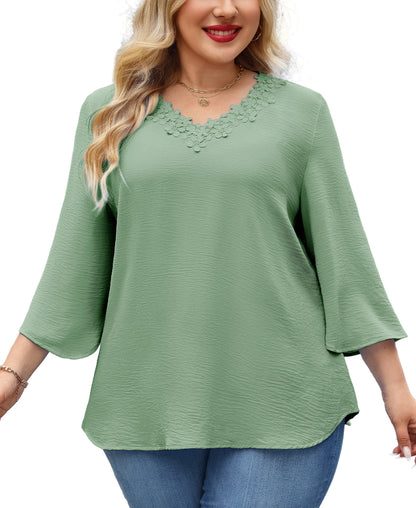 Women's Plus Size Sage Green Floral Trim V-Neck Blouse | 3/4 Sleeve Tunic Top