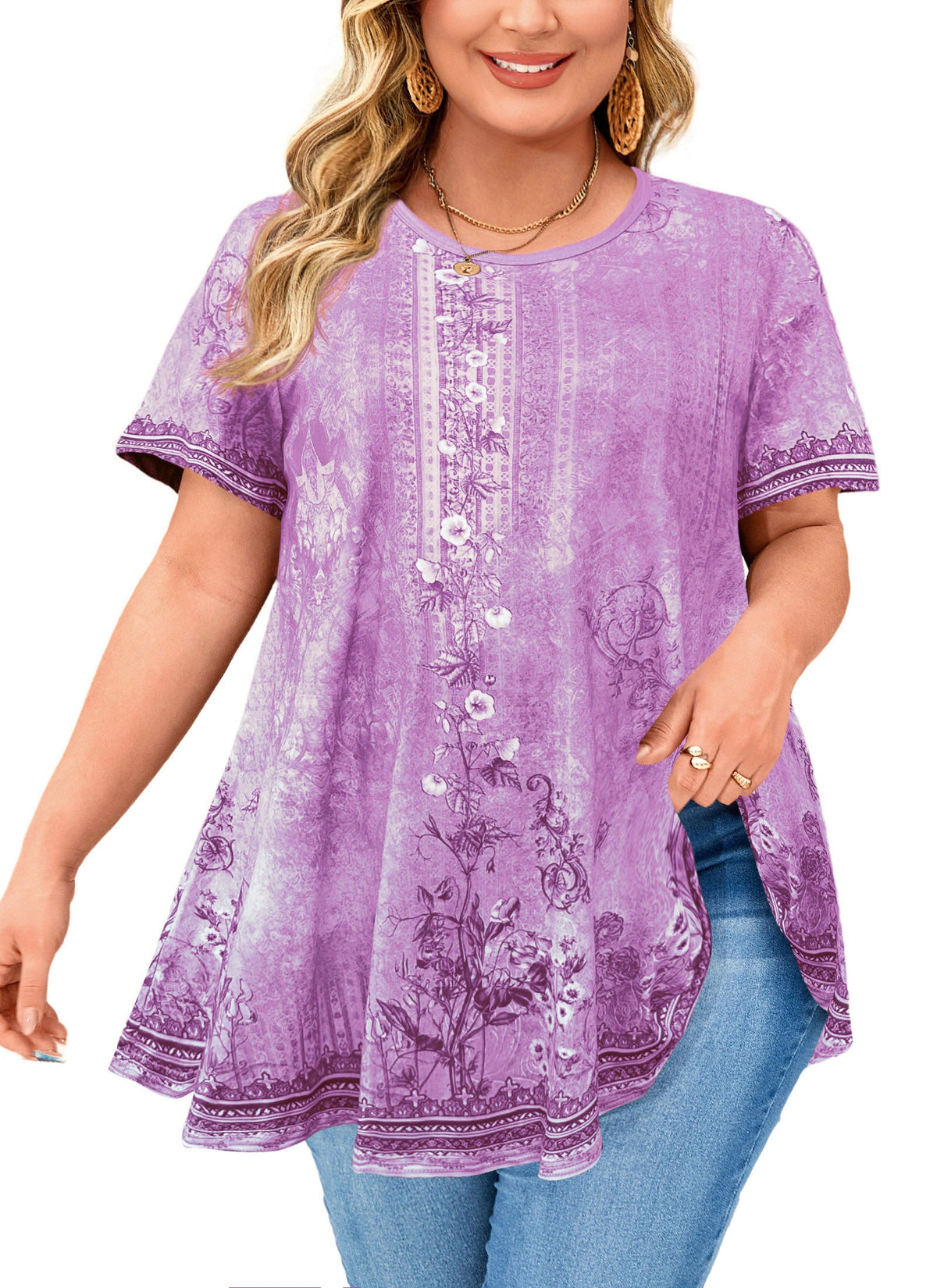 Women's Plus Size Lavender Floral Tunic Top – Short Sleeve Swing Blouse