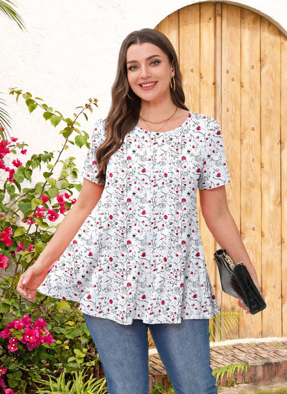 Women's Plus Size White Floral Tunic Top – Short Sleeve, Flowy Swing Blouse to Wear with Leggings