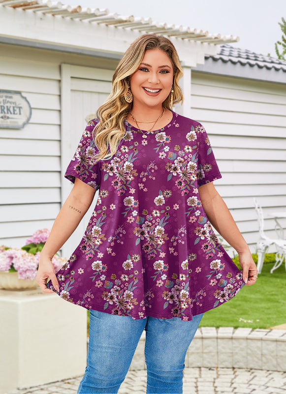 Women's Magenta Floral Swing Tunic Top – Short Sleeve, Plus Size