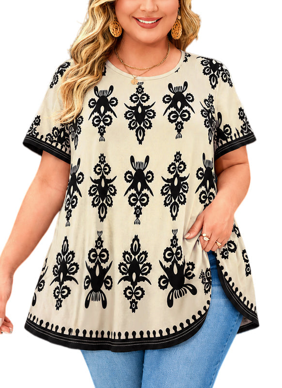 Women's Plus Size Beige Paisley Floral Tunic Top – Short Sleeve Boho Swing Blouse