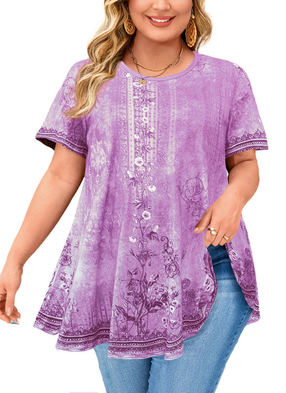 Women's Plus Size Lavender Floral Tunic Top – Short Sleeve Swing Blouse
